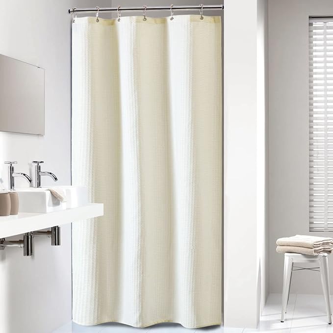 Dynamene Stall Ivory Fabric Shower Curtain - Waffle Textured Small Heavy Duty Cloth Shower Curtains for Bathroom, 256GSM Narrow Hotel Luxury Bath Curtain Set with 6 Plastic Hooks(36Wx72H,Cream/Ivory)