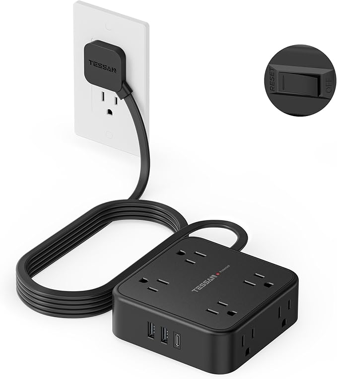 TESSAN 10 Ft Flat Plug Extension Cord with Multiple Outlets, Surge Protector Power Strip with 3 USB(1 USB C) 8 Outlets, 900J Protection, Desk Charging Station for Home, Office, Dorm Room, Black