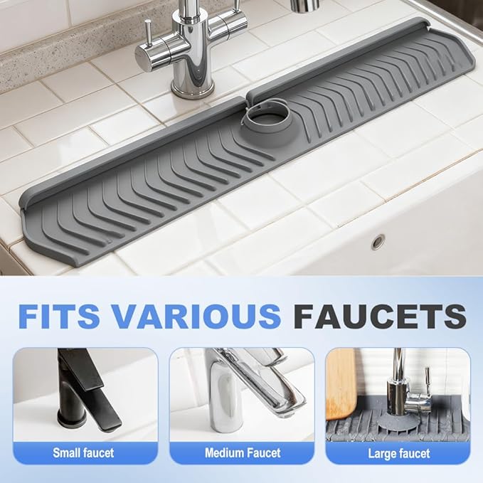 Kitchen Sink Faucet Mat, 2025 New Foldable Faucet Mat for Kitchen Sink, 30in Silicone Faucet Guard & Draining Mat Keep Countertops Dry Splash Guard (Gray, 30in)
