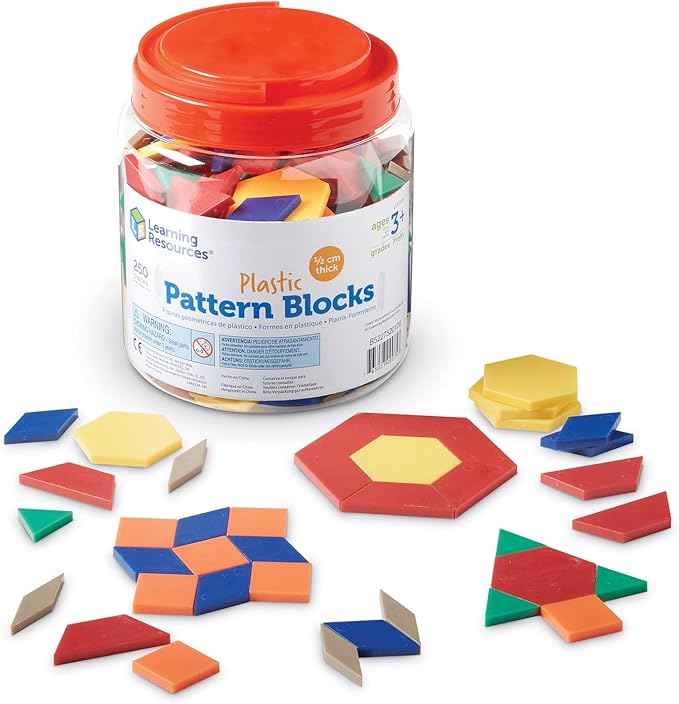 Learning Resources Plastic Pattern Blocks 250 Set - Classroom Must Haves, Math Teaching Tools, Homeschool Supplies, Math Manipulatives, 3+ Ages