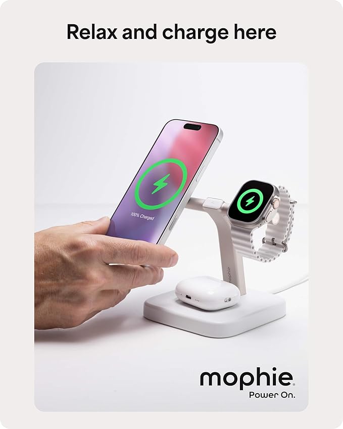 Mophie Wireless Charging Stand - Qi2-Certified, MagSafe Charger for iPhone – Magnetic Fast Wireless Charger with Adjustable Phone Stand & Cable Management – Up to 15W Power