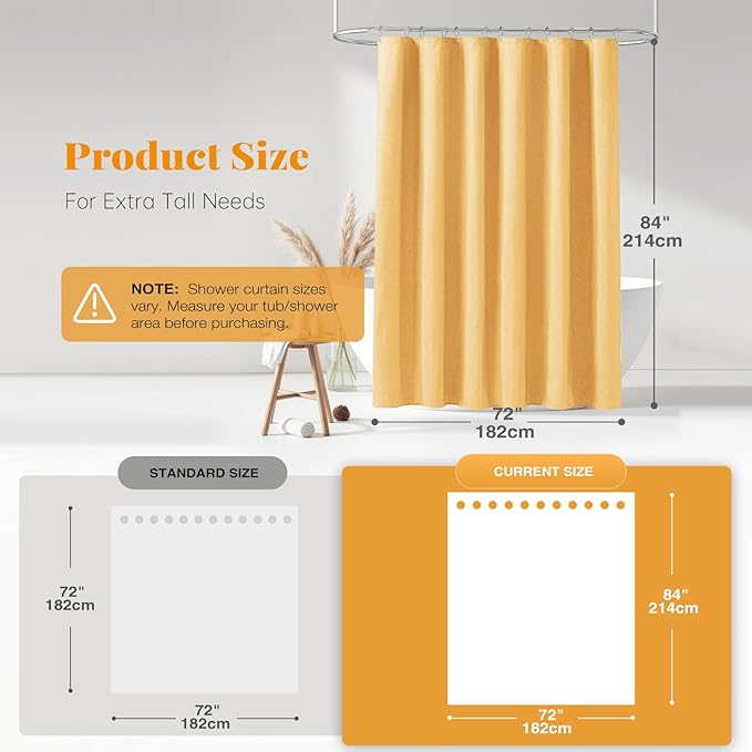 BTTN Extra Long Shower Curtain - 84 Inch Long Linen Textured Heavy Duty Fabric Shower Curtain Set with 12 Plastic Hooks, Hotel Spa Simple Polyester Bath Curtains for Bathroom, 72x 84, Gold
