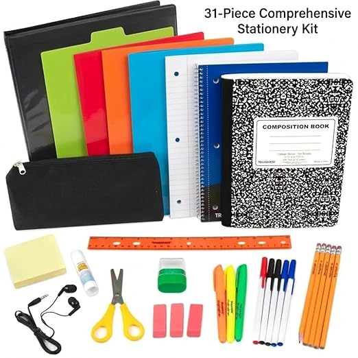 Middle and High School Supplies Kit for Boys, Girls | Home, School Classroom Must Haves Essentials Kit for 5th - 12th Grade Includes Notebooks, Folder, Pencils, Earbuds, Notepad, Binder