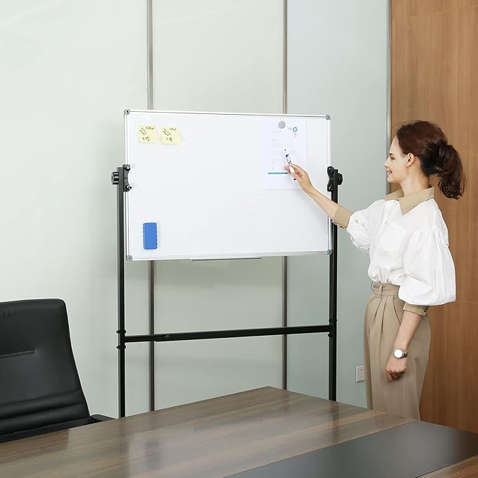 VEVOR Rolling Magnetic Whiteboard, Double-Sided Mobile Whiteboard 36x24 Inches, 360° Reversible Adjustable Height Dry Erase Board with Wheels & Movable Tray for Office, School