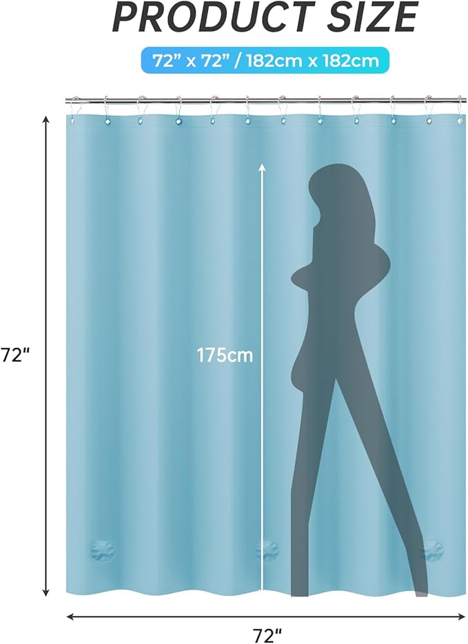 AmazerBath Teal Shower Curtain Plastic 72x72 Inches, Premium PEVA Shower Curtain with 3 Big Weighted Stones and 12 Rustproof Grommets