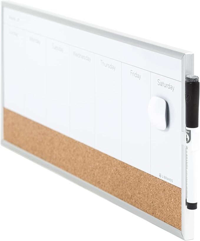 U Brands Magnetic Dry Erase Weekly Calendar White Board With Cork Strip, 18" x 7.5", Silver Aluminum Frame, Includes Magnet, Marker