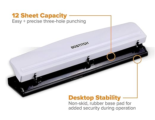Bostitch Office Premium 3 Hole Punch, 12 Sheet Capacity, Metal, Rubber Base, Easy-Clean Tray, White (KT-HP12-WHITE)