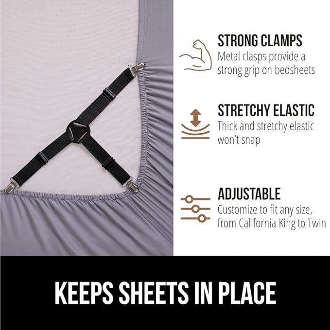 Gorilla Grip Headboard Gap Pillow and Bed Sheet Straps, Headboard Gap Pillow Size Full Gray, Dense Foam Wedge, Sheet Fasteners 4 Pack Black, Adjustable Elastic with Metal Clips, 2 Item Bundle