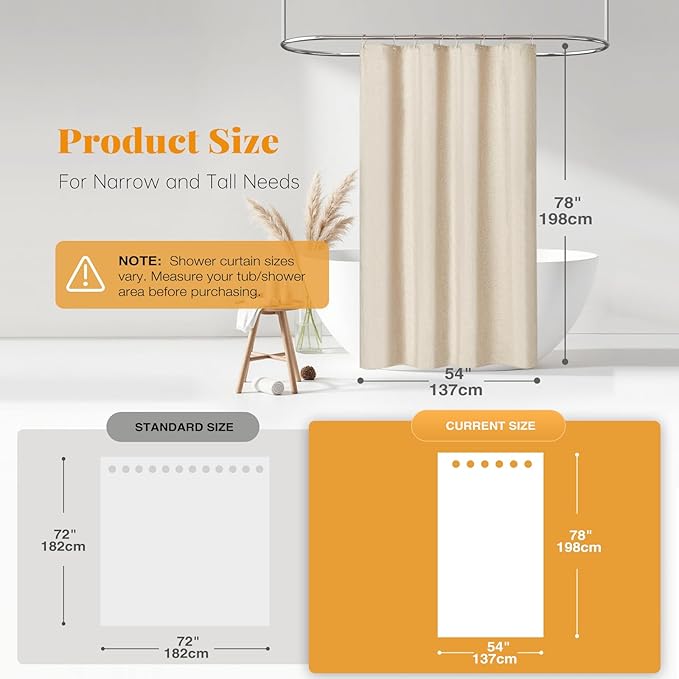BTTN 54x78 Stall Shower Curtain, 54 Wide Linen Textured Heavy Duty Cloth Shower Curtain Set with 10 Plastic Hooks, Narrow Hotel Luxury Weighted Fabric Shower Curtains for Bathroom, Beige/Cream