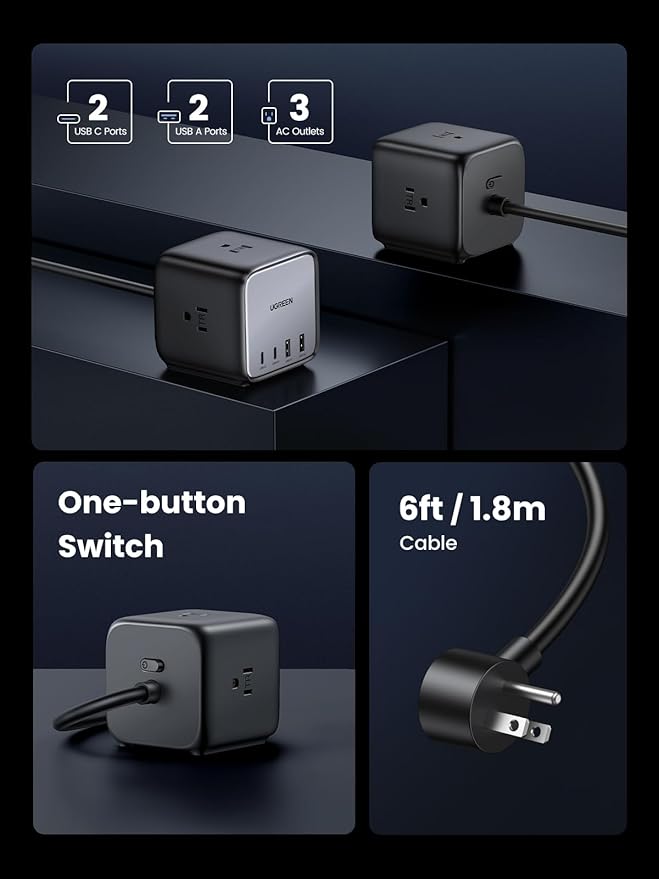 UGREEN 65W USB-C Charging Station with AC Outlet, Nexode 7-in-1 GaN Power Strip for Home, Office and Travel, with 3 AC, 2 USB C & 2 USB A, 6ft Extension Cord, for MacBook Pro, iPhone 16 Pro and More