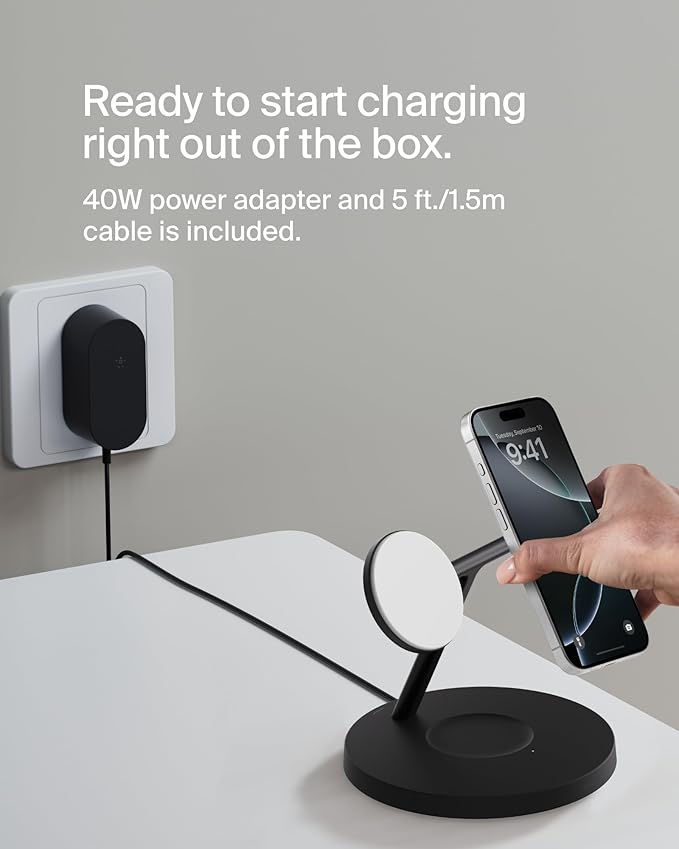 Belkin MagSafe-Compatible Charger, 3-in-1 Wireless Charging Station, Qi2-Certified 15W Wireless Charge for Apple iPhone 17 Series, Apple Watch, AirPods w/Non-Slip Base, 40W Included - Black