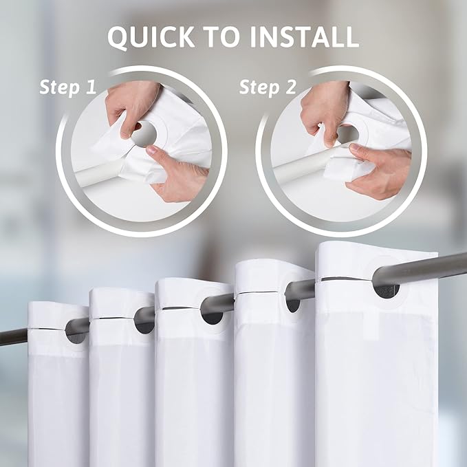 Furlinic White No Hook Shower Curtain Fabric 60x72 Inch,Polyester Waterproof Bathroom Curtain with 8 Plastic Built-in Grommets,Modern Luxury Hotel Style Washable Decorative Shower Curtains