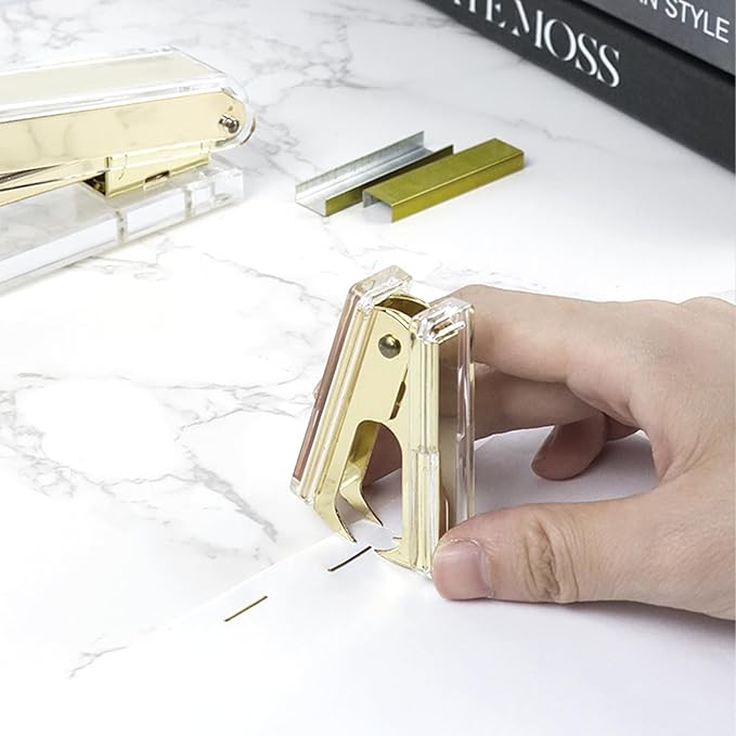 NatSumeBasics Clear Acrylic Staple Remover 2pcs Cute Gold Staple Stapler Removers Staples Puller Tool for Home Office School Desk Accessories (2 Yellow Gold)