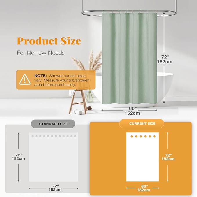 BTTN 60 Inch Stall Fabric Shower Curtain - Linen Textured Heavy Duty Shower Curtain Set with 10 Plastic Hooks, Narrow Waterproof Decorative Bath Curtains for Bathroom and Bathtubs - 60x72 - Sage Green