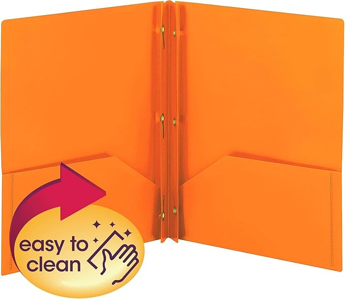 Smead Poly Two-Pocket Folder, Three-Hole Punch Prong Fasteners, Letter Size, Orange, 6 Folders Total (87735)