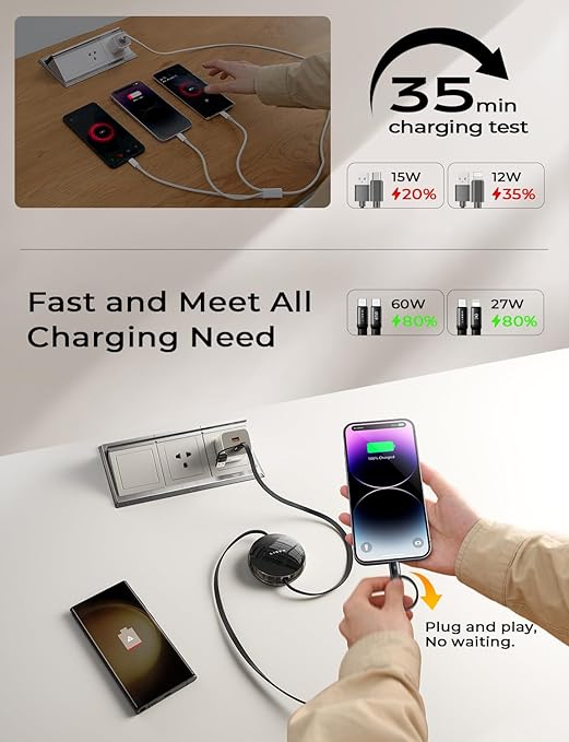 LISEN 5-in-1 Fast Charging Retractable Cable for iPhone, iPad, Samsung - 60W Charger with USB-C/A Ports for Phones, Tablets, Black