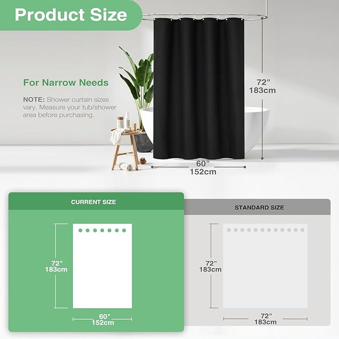 Dynamene 60 inch Stall Shower Curtain - Waffle Weave Heavy Duty Thick Fabric Shower Curtains for Bathroom,Weighted Hotel Spa Luxury Cloth Bath Curtain Set with 10 Plastic Hooks,60x72, Black
