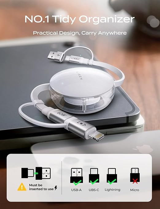 LISEN 5-in-1 Fast Charging Retractable Cable for iPhone, iPad, Samsung - 60W Charger with USB-C/A Ports for Phones, Tablets, White