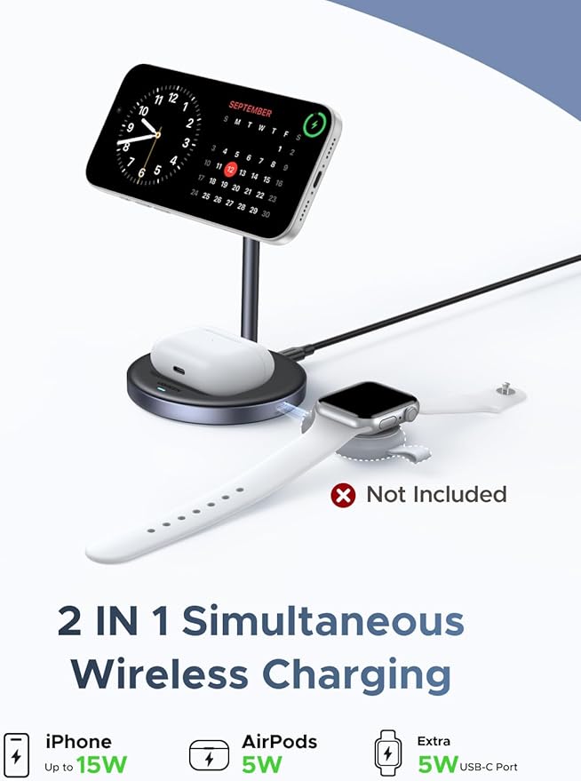 UGREEN Qi2 15W 2-in-1 Wireless Charging Stand, Fast Wireless Charger for iPhone 17 16 15 14 13 12 Series and AirPods, Dual Device Charging, MagSafe Charger Desk Charging Station for Home Office