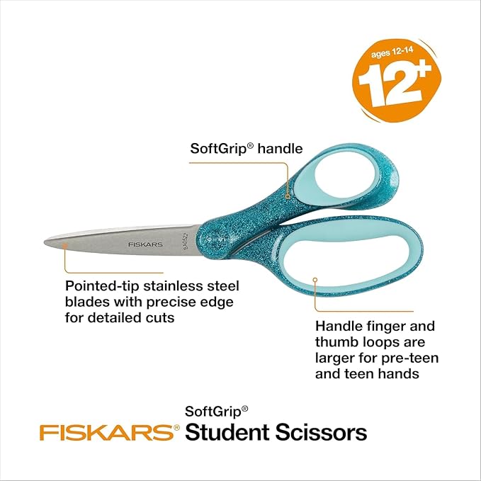 Fiskars 7" Student Glitter Scissors for Kids Ages 12-14 (2-Pack), Scissors for School or Crafting, Back to School Supplies, Black and Turquoise