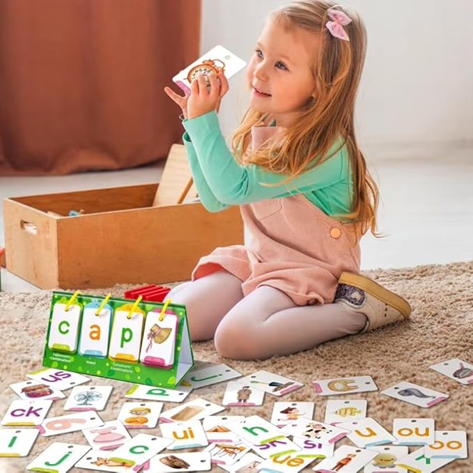 Phonics Flash Cards Learn to Read Word Builder Games Word Building Desktop Pocket Tent Flash Cards Kit with 129 Cards for Reading and Spelling Phonics Learning