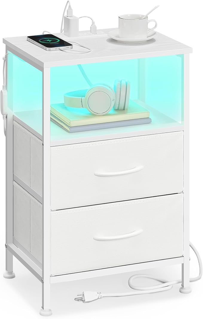 SONGMICS BELLAH Collection - Nightstand with Charging Station and App-Controlled Adjustable LED Lights, Bed Side Table, 2 Drawer and 1 Open Shelf, Bedroom, Cloud White and Snow White ULGS302WH01S
