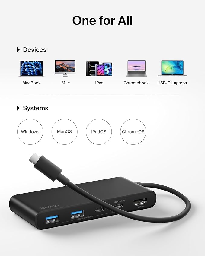 Belkin USB C Hub, 7-Port Hub w/ 4K HDMI Display @ 60Hz, SD & MicroSD, 100W Power Delivery, Fast Data Transfer 5Gbps, USB C Multiport Adapter for MacBook, iPad Pro, Chromebook, etc. - Upgraded HDMI 2.0