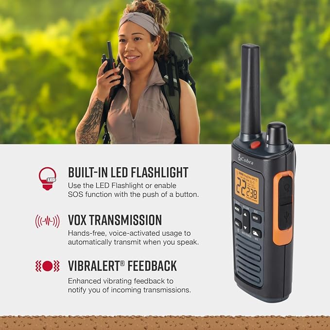 Cobra RX680 2-Pack Walkie Talkies & Compatible Cobra GA-SV01 2P Surveillance Headset Microphones: Rugged & Splashproof Two-Way Radios, Rechargeable, 60 Preset Channels, 38-Mile Range, Black/Orange