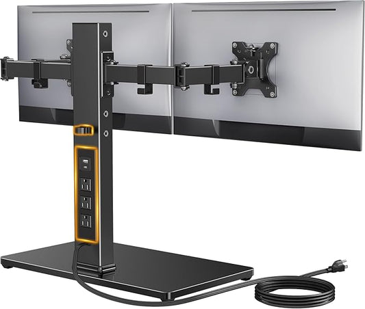 Perlegear Dual Monitor Stand with Power Strip, Freestanding Computer Monitor Stand for 2 Screens up to 32 Inch, Monitor Stand Riser with Glass Base and Adjustable Arms, Holds 22 lbs per Arm, PGTVS41B