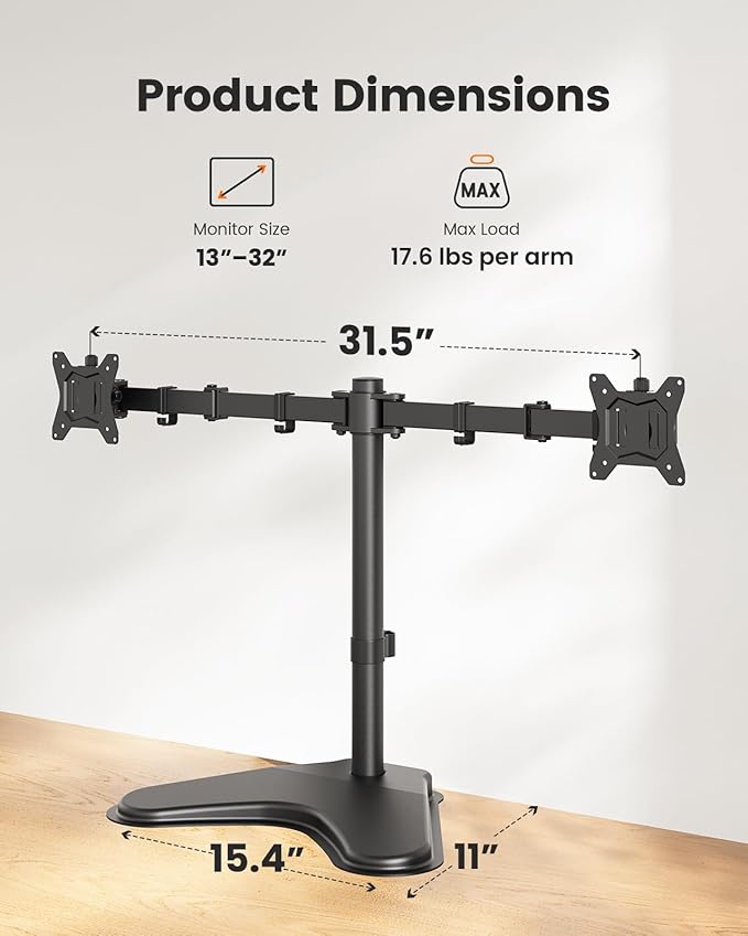 ErGear Freestanding Dual Monitor Stand for 2 Screens up to 32 inch, Heavy Duty Monitor Mount Holds Max 17.6 lbs per Arm, Height Adjustable Gaming Monitor Stand for Desk, VESA 75x75/ 100x100mm, Black