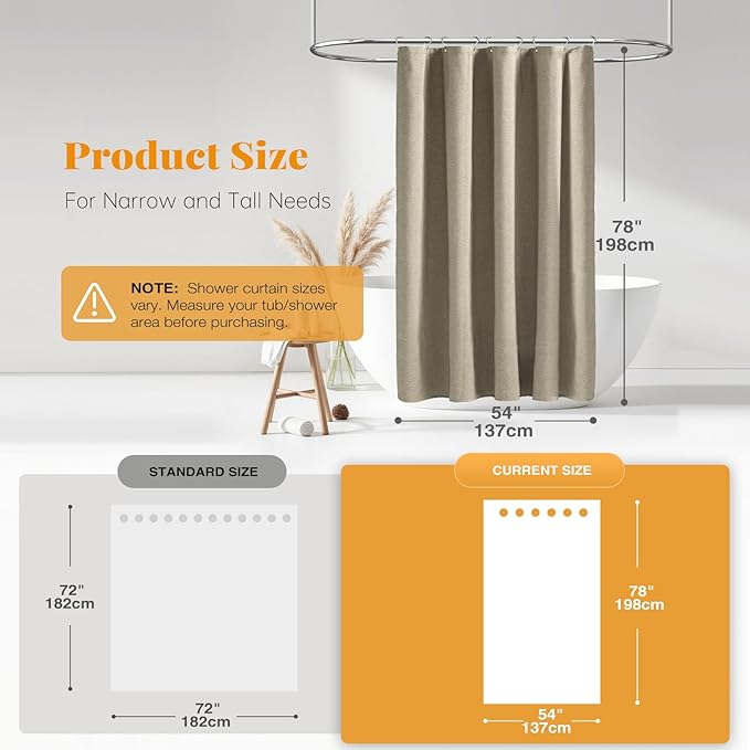 BTTN Stall Fabric Shower Curtain - 54x78 Inch Long Linen Textured Heavy Duty Shower Curtain Set with 10 Plastic Hooks, Narrow Hotel Spa Luxury Weighted Thick Curtains for Bathroom Showers - Khaki/Tan