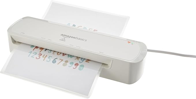 Amazon Basics 9-Inch Thermal Laminator Machine with Quick Warm-Up, 2 Heat Settings, Jam Release for Documents and Photos, White