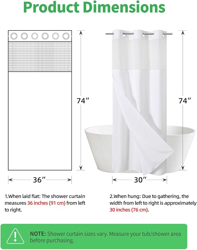 Stall No Hooks Needed White Shower Curtain with Snap-in Fabric Liner Set,Linen Textured Hotel Luxury Decor Shower Curtains for Bathroom with Mesh Top Window,Waterproof & Washable,36Wx74H,