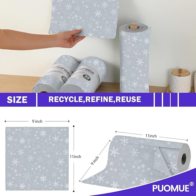 55 Pack Microfiber Christmas Cleaning Cloth Roll, Tear Away Reusable Towels, 11" X 9", Ultra Absorbent & Lint Free Microfiber Cloth for Cleaning Cars, Kitchen, and Window, Christmas Snowflake