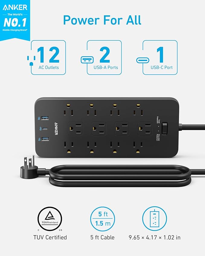 Anker Power Strip with 2100J Surge Protector, Outlet Extender, 5ft Extension Cord with Multiple Outlets, 12 AC, 2 USB A,1 USB C Port for 20W, Home Office, Dorm Room Essentials, TUV Listed