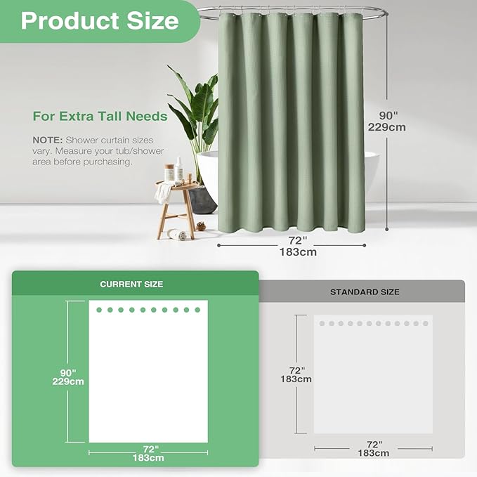 Dynamene Extra Long Fabric Shower Curtain - Waffle Weave 90 Inches Long Heavy Duty Cloth Shower Curtains for Bathroom, 256GSM Tall Hotel Luxury Bath Curtain Set with 12 Plastic Hooks，Sage Green