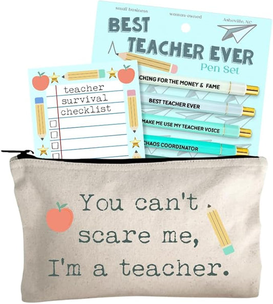 Moonlight Makers Funny Office Supplies Gift Set - Best Teacher Ever Pen Set, Teacher Survival Notepad, Funny Teacher Pouch - Cute Stationery Sets for Women, Funny Gifts for Friends and Coworkers
