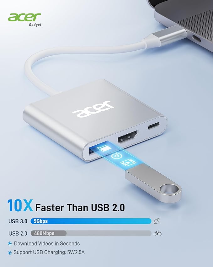 Acer USB C to HDMI Adapter, 4K USB C Hub with 100W PD, USBA 3.0 Port, HDMI to USBC Multiport Digital AV Converter for MacBook Pro/Air, iPad, Tablets, TV, Monitor and More (Silver)