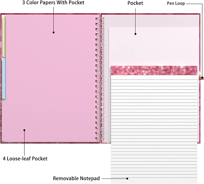 Rimilak Spiral Clipboard Folio with Refillable Lined Notepad, 14.5 x 9.8 In, Hardcover Cover with 5 Interior Pockets, Elastic Band and Pen Loop Series. Cute Stylish Clipfolio, Work Hard