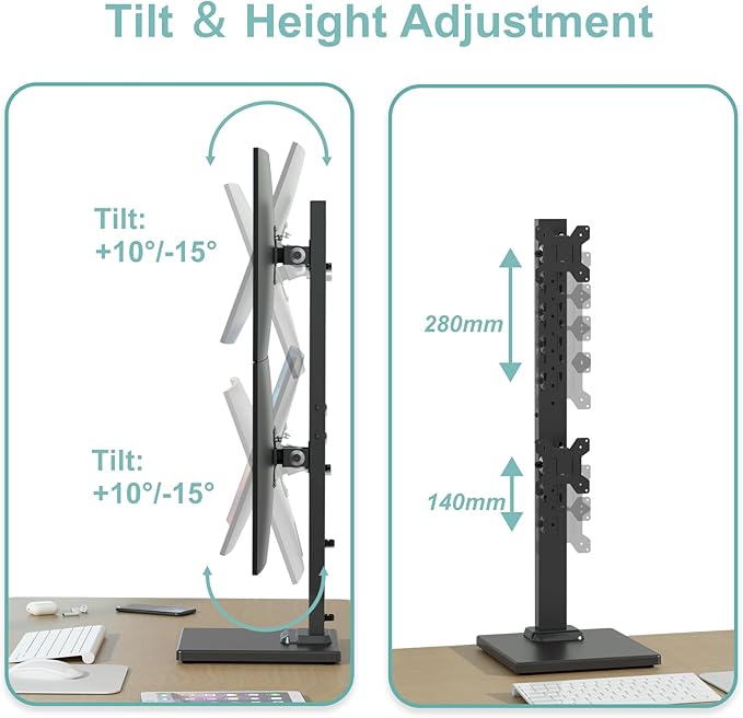 Suptek Dual Monitor Stand with Base Vertical Stack Screen Free-Standing Monitor Riser Fits Two Screen Max 36" & One Screen Max 43" with Swivel, Tilt, Height Adjustable,50,75 and 100mm Vesa Base Stand