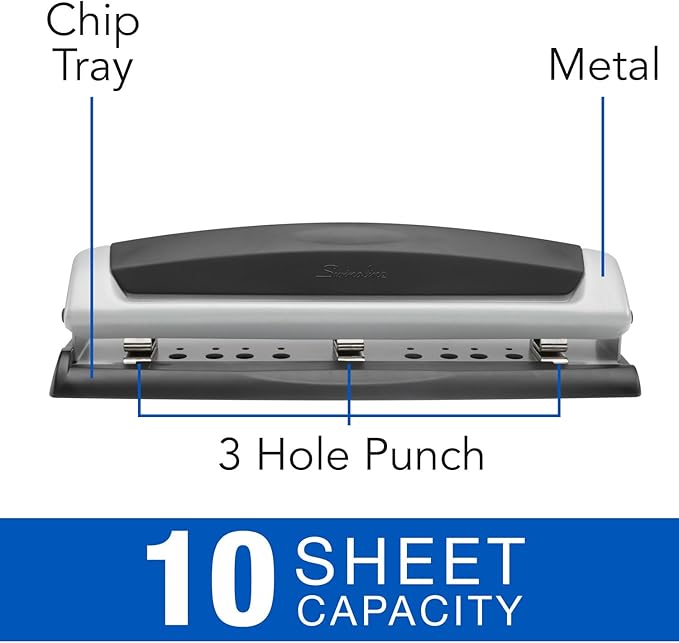 Swingline 3 Hole Punch,10 Sheet Capacity Three Hole Puncher 3 Ring,Adjustable 2-3-Hole Paper Punch,Precision Pro,Black & Silver (74037),(Pack of 12)