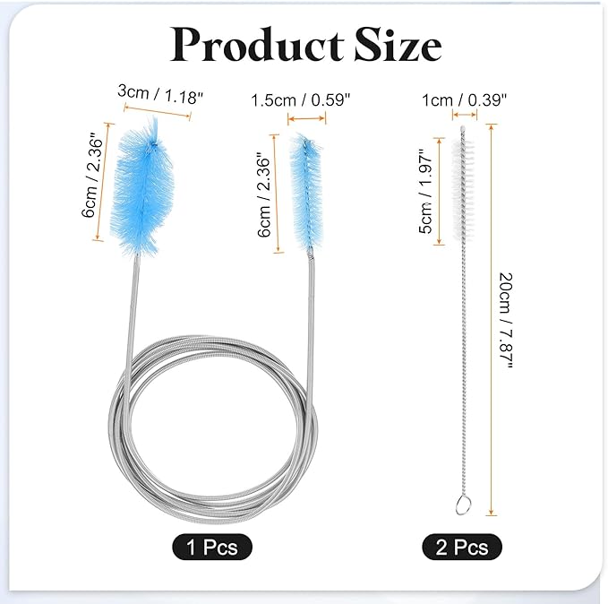 HARFINGTON 3pcs Flexible Long Drain Brush Straw Cleaner Set 78.74" Stainless Steel Double Ended Hose Brush with 8" Nylon Long Tube Pipe Cleaning for Fish Tank Sink Pipe, Blue
