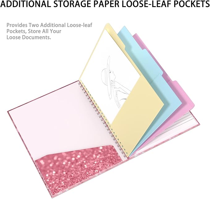 Rimilak Spiral Clipboard Folio with Refillable Lined Notepad, 14.5 x 9.8 In, Hardcover Cover with 5 Interior Pockets, Elastic Band and Pen Loop Series. Cute Stylish Clipfolio, Work Hard