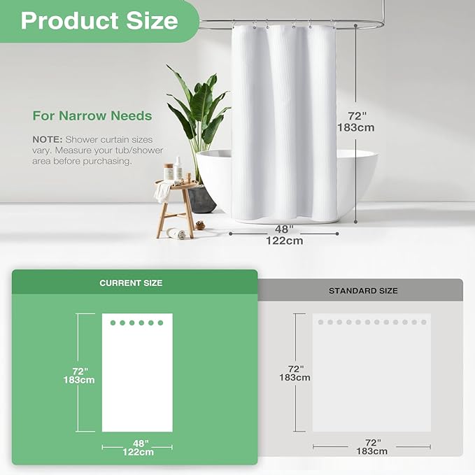 Dynamene Stall Fabric Shower Curtain - 48 inch Wide Waffle Weave Weighted Thick Cloth Shower Curtain for Bathroom, Neutral Heavy Duty Hotel Spa Luxury Bath Curtain Set with 8 Hook, 48x72, White
