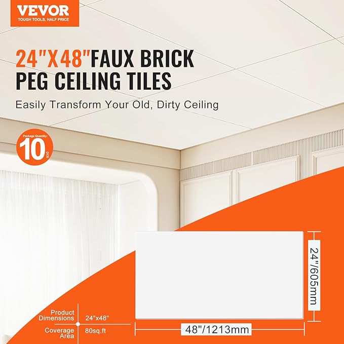 VEVOR Ceiling Tiles, 10-Pack 24 x 48 in, Drop Tiles Premium PVC Foam Sheet, Fire-Rated & Good Flexibility & Easy Installation, Covering for Home/Office Decoration, Smooth White