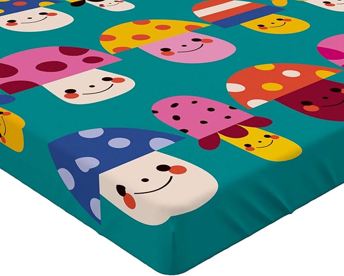 Ambesonne Mushroom Fitted Sheet, Smiling Funky and Shapes with Polka Dots and Stripes, Bed Cover with All-Round Elastic Deep Pocket for Comfort, Queen Size, Dark Seafoam Multicolor
