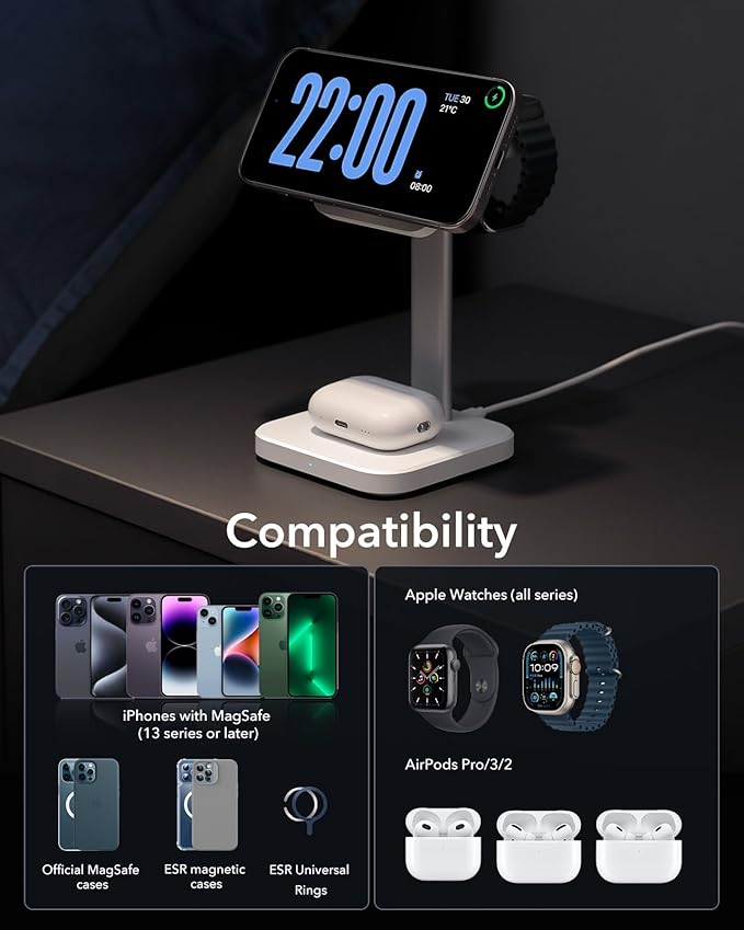 ESR for 3 in 1 Wireless Charging Station, Certified Apple Watch Charger, 15W MagSafe Charger Stand for iPhone, Wireless Charger for Multiple Devices iPhone 17/16/15/14/13, Watch, AirPods, White