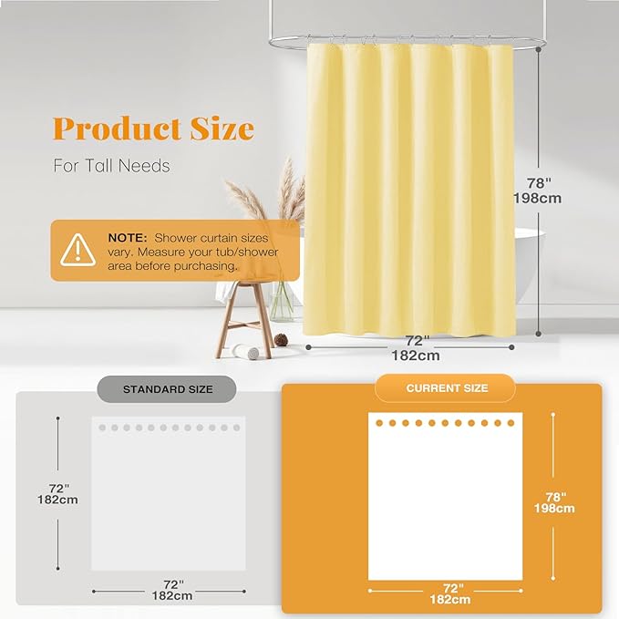 BTTN Fabric Shower Curtain, Linen Textured Heavy Duty Polyester Cloth Shower Curtain Set with Plastic Hooks, Yellow, 72" W x 78" L (Pack of 1)