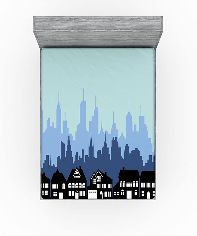 Ambesonne Silhouette 2 Pack Fitted Sheet, City Skyline House Shade, Bed Cover All-Round Elastic Deep Pockets 2 Pieces, Package Contains 2 Full Size Fitted Sheets, Black Seafoam and Blue Grey