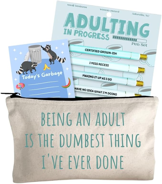 Moonlight Makers Funny Office Supplies Gift Set - Adulting Pen Set, Today's Garbage Notepad, Being An Adult Zipper Pouch - Cute Stationery Sets for Women, Funny Gifts for Friends and Coworkers